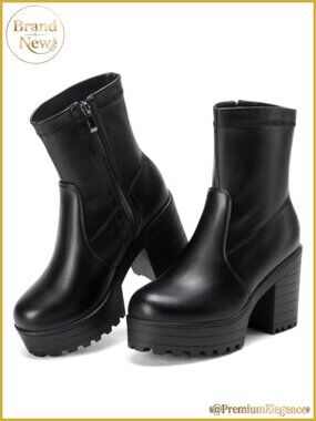 Platform Ankle Boots Chunky Block Heel Side Zip Lug Sole Booties